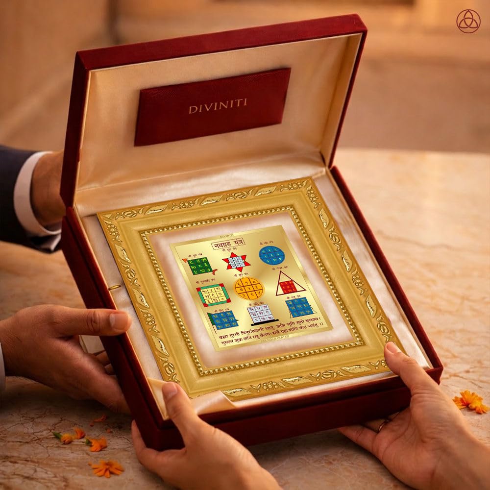 DIVINITI Siddh Energised Navagraha Yantra | 24k Gold Plated Foil Planetary Harmony Vastu Frame for Home, Office & Puja Room | Premium Gift Box | Spiritual Yantra for Planetary Balance, Peace & Prosperity | 12 X 11 CM