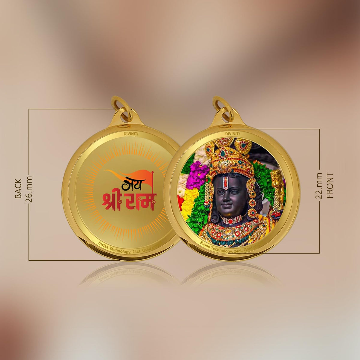 Diviniti 24K Gold Plated Ram Lalla & Jai Shree Ram Pendant For Men, Women & Kids| 22 MM Double Sided Stylish Pendant Necklace For Girls| Divine God Pendant For Birthday Gift, Anniversary Gift