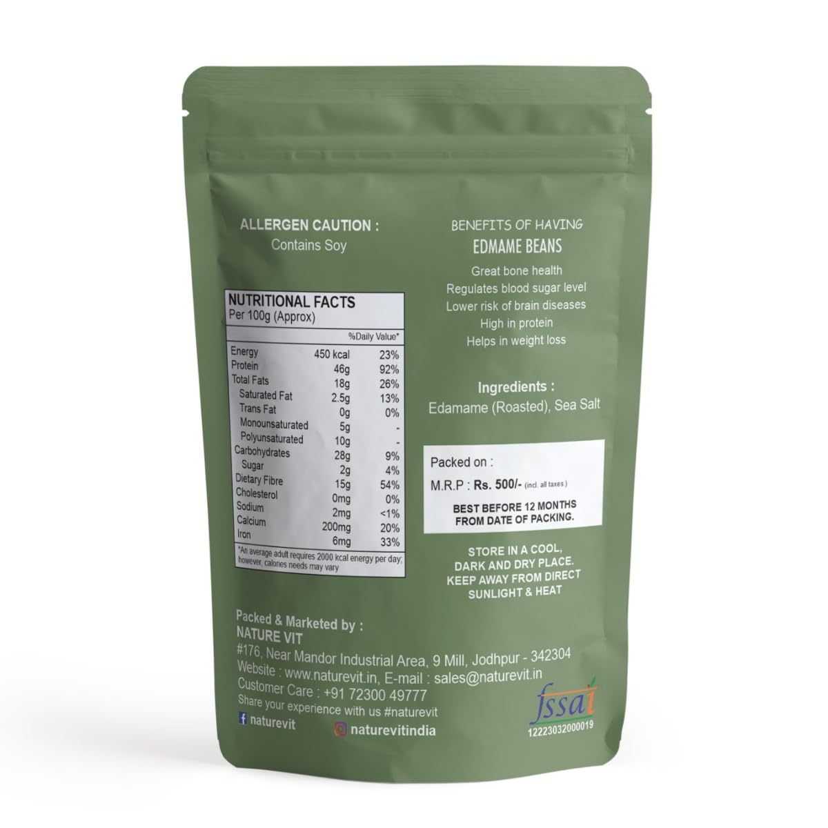 NatureVit Edamame Beans 100g | High Protein Snack | Roasted Soybean Snack | Healthy Vegan Superfood | Rich in Fiber & Nutrition