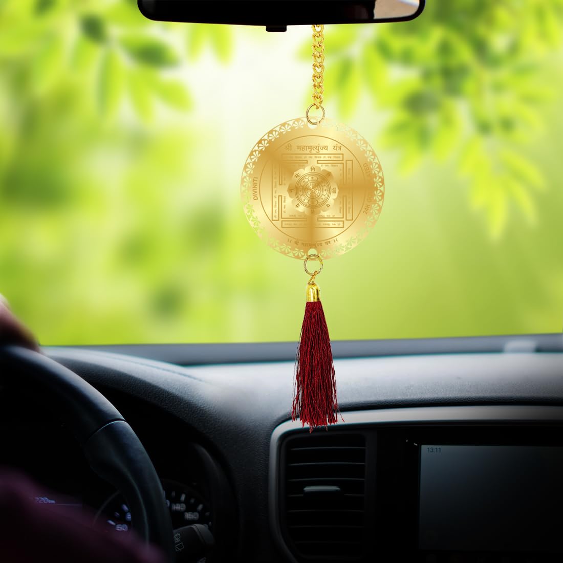 Diviniti 24K Gold Plated Double Sided Lord Shiva and Yantra Car Hanging Dangler|Mahadev Hanging New Car and New House Interior Decor Divine Car Accessories for Positive Energy Protection Safety