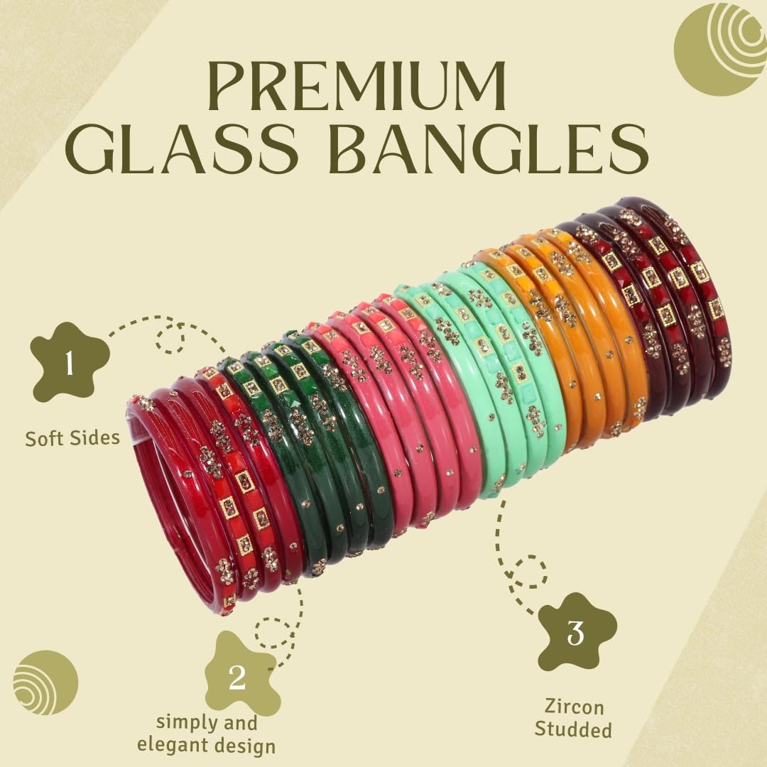 NMII MultiColour Glass Kada Set For Women & Girls with Golden Zircon Stone & Beads | Bangles For Women Glass | Kada For Women | Colourful Bangles for Women | Glass Bangles Combo- Set of 24