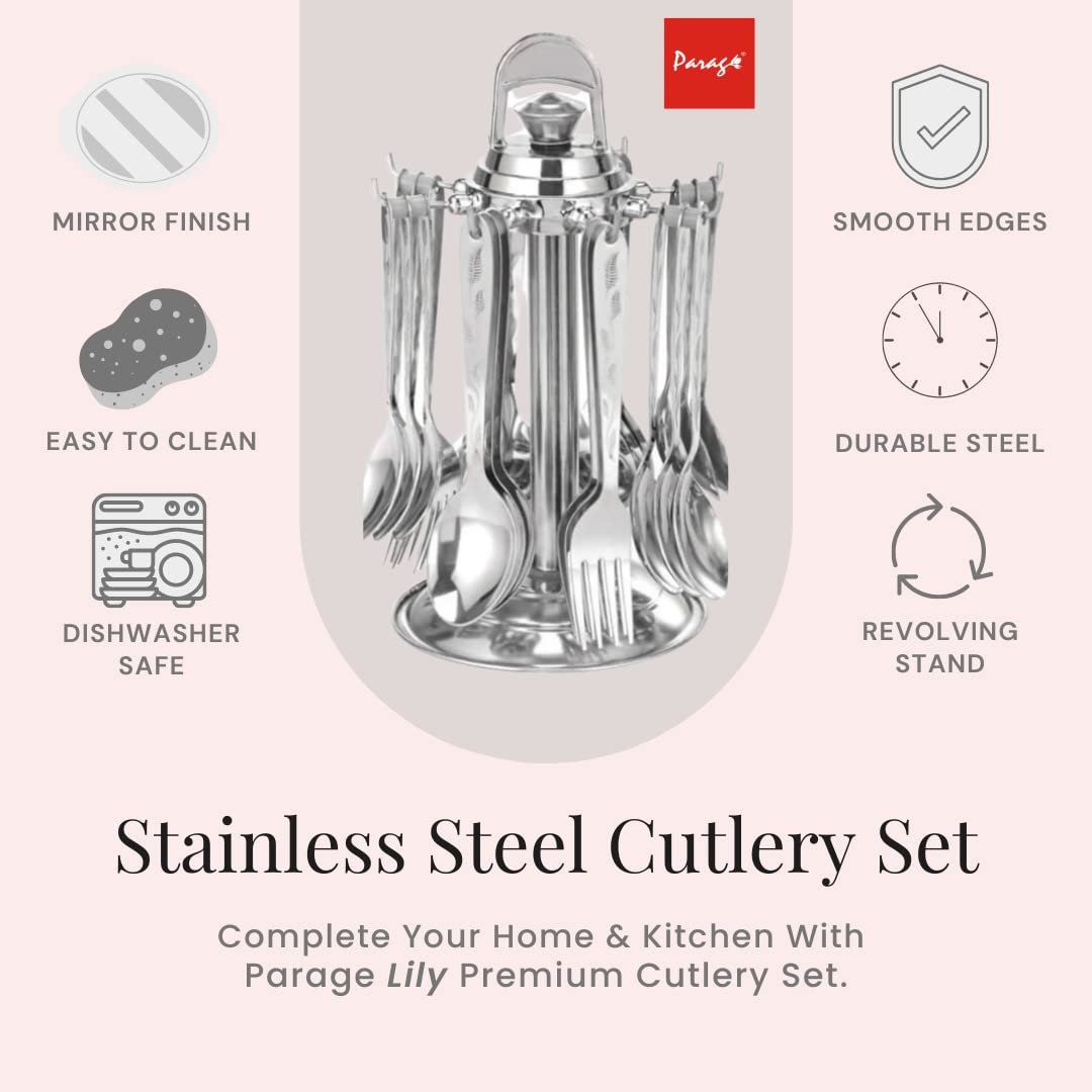 Parage 24 Pieces Lily Cutlery Set Stainless Steel with Stand (Contains 6 Dinner Spoons, 6 Tea Spoon, 6 Dinner Fork, 6 Soup Spoons, 1 Stand) Spoon Set for Dining Table Stylish, Mirror Polished