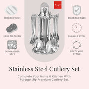 Parage 24 Pieces Lily Cutlery Set Stainless Steel with Stand (Contains 6 Dinner Spoons, 6 Tea Spoon, 6 Dinner Fork, 6 Soup Spoons, 1 Stand) Spoon Set for Dining Table Stylish, Mirror Polished