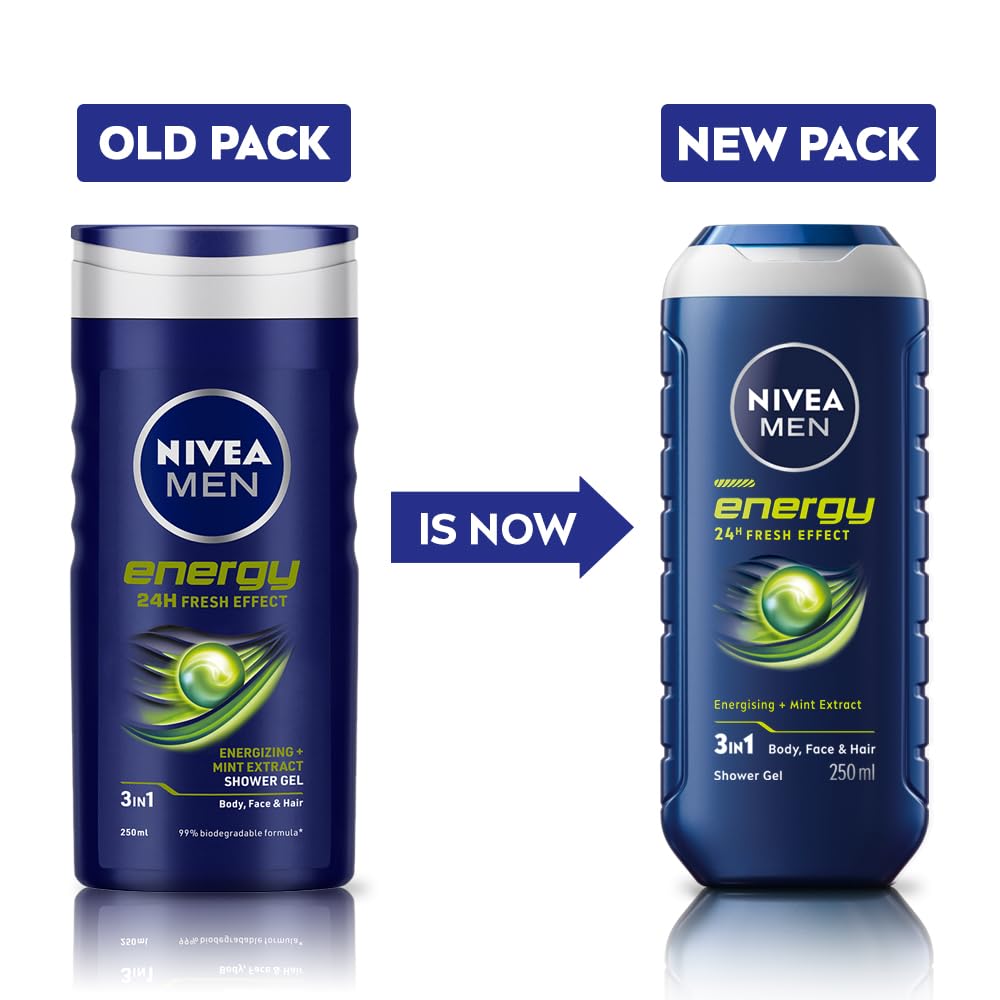 Nivea Men Body Wash, Energy With Mint Extracts, Shower Gel For Body, Face & Hair, 250ml