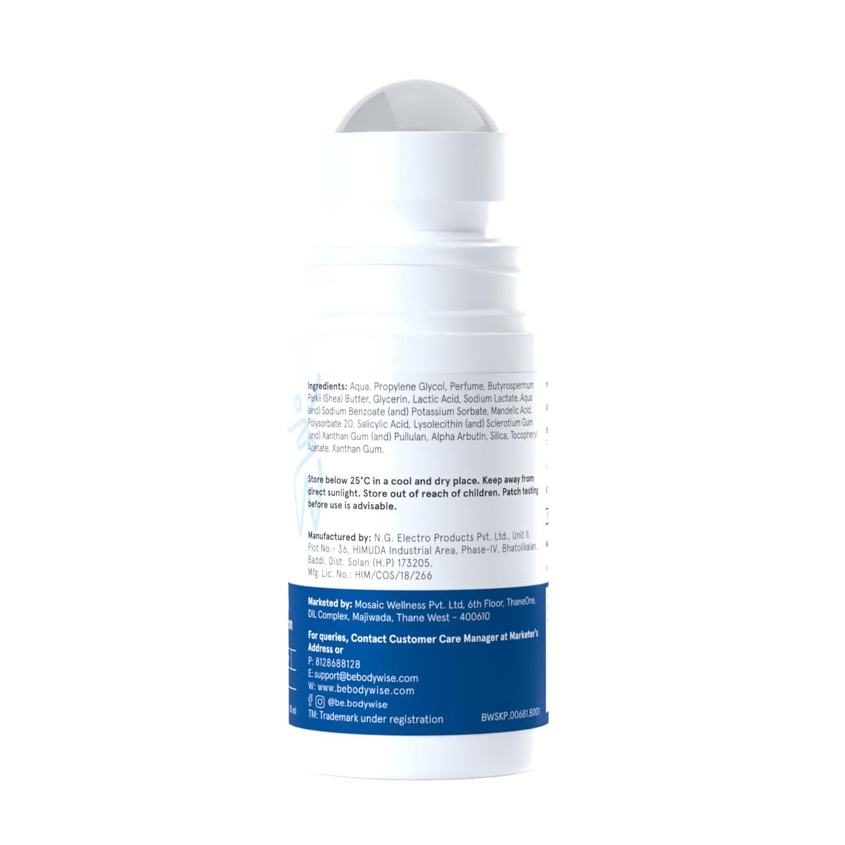 Be Bodywise 4% AHA BHA Underarm Roll-on for Even Tone Skin,Reduces Body Odor & Pigmentation | 2% Lactic Acid, 1% Mandelic Acid, 1% Salicylic Acid | 0% Alcohol & 0% Aluminium | Aqua Fragrance, 50ml