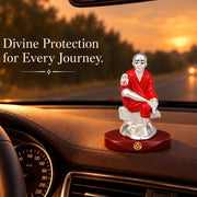 DIVINITI Premium Sai Baba Idol with Silver-Tone Finish & Red Accents | Shirdi Sai Baba Showpiece with Blessing Hand, Decorative Base & Premium Gift Box | Home, Mandir, Office & Gifting | 9 x 6.5 cm