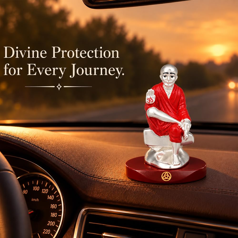 DIVINITI Premium Sai Baba Idol with Silver-Tone Finish & Red Accents | Shirdi Sai Baba Showpiece with Blessing Hand, Decorative Base & Premium Gift Box | Home, Mandir, Office & Gifting | 9 x 6.5 cm