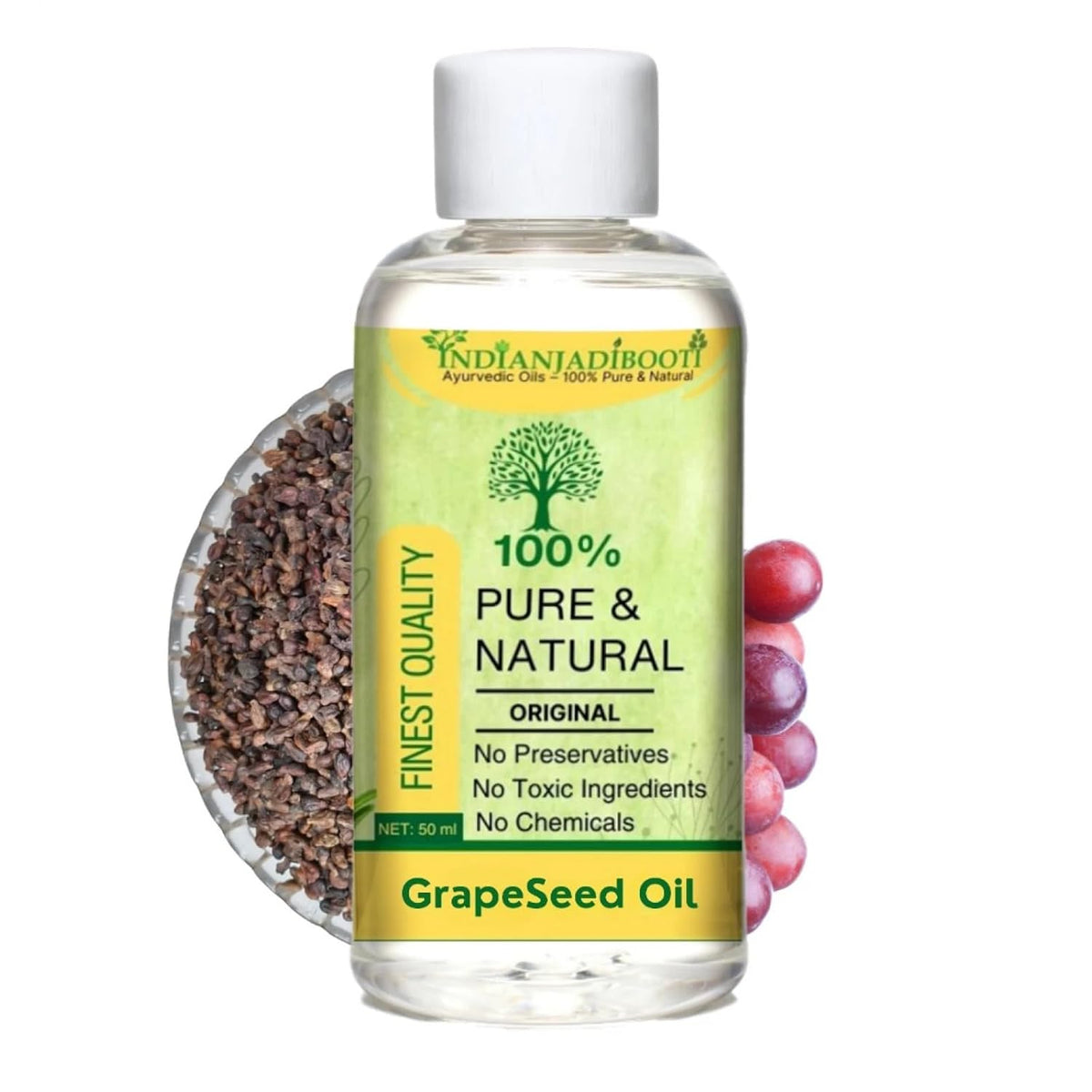 IndianJadiBooti Pure Cold-Pressed Grape Seed Oil (Vitis Vinifera) | Lightweight Botanical Carrier Oil for Non-Comedogenic Hydration, Aromatherapy & Silky Massage 200 ML