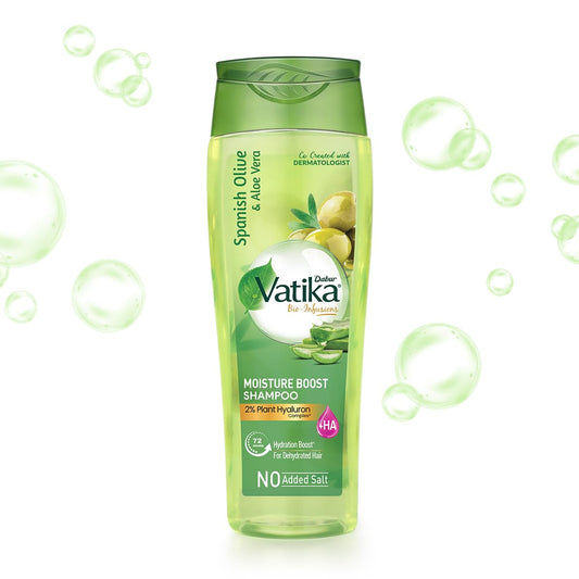 Dabur Vatika Bio-Infusions Moisture Boost Shampoo | Spanish Olive & Aloe Vera | 2% Plant Hyaluron + Hyaluronic Acid | 72 Hrs Hydration Boost | Deep Moisture & Natural Shine | No Added Salt | For Dry & Dehydrated Hair