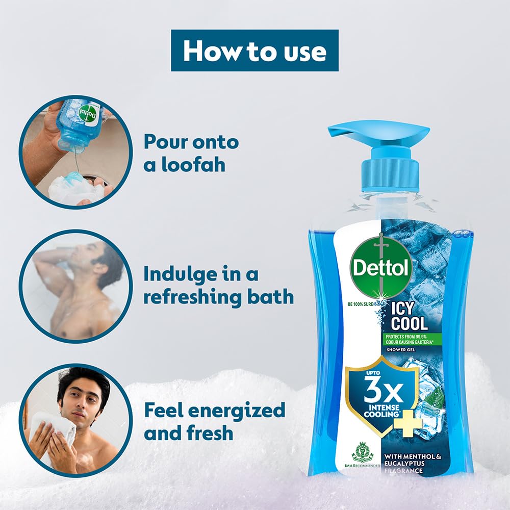 Dettol Icy Cool Body Wash and Shower Gel Pump for Men | Goodness of Salicylic Acid | Menthol Freshness | 500ml Pack of 2