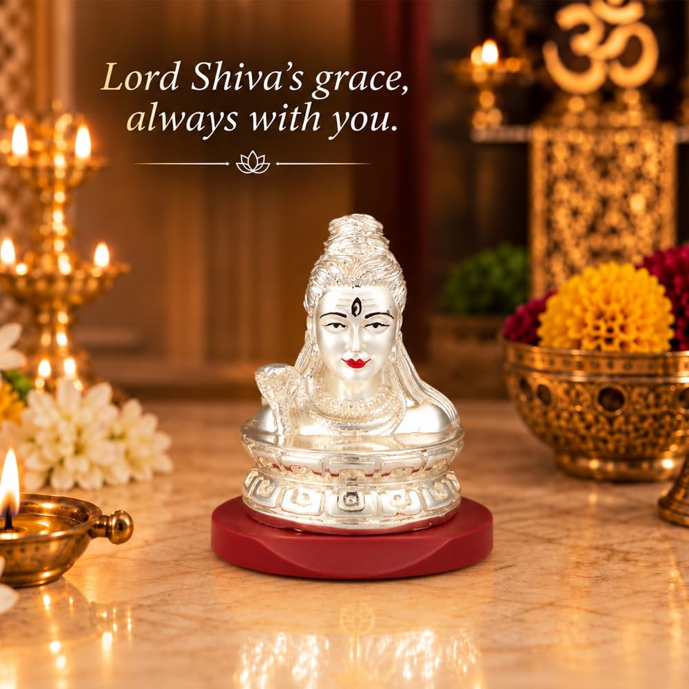 DIVINITI Premium Lord Shiva Idol with Silver-Tone Finish | Mahadev Shiv Ji Bust Showpiece with Decorative Base & Premium Gift Box | Home, Mandir, Office & Spiritual Gifting | 8 x 6 cm