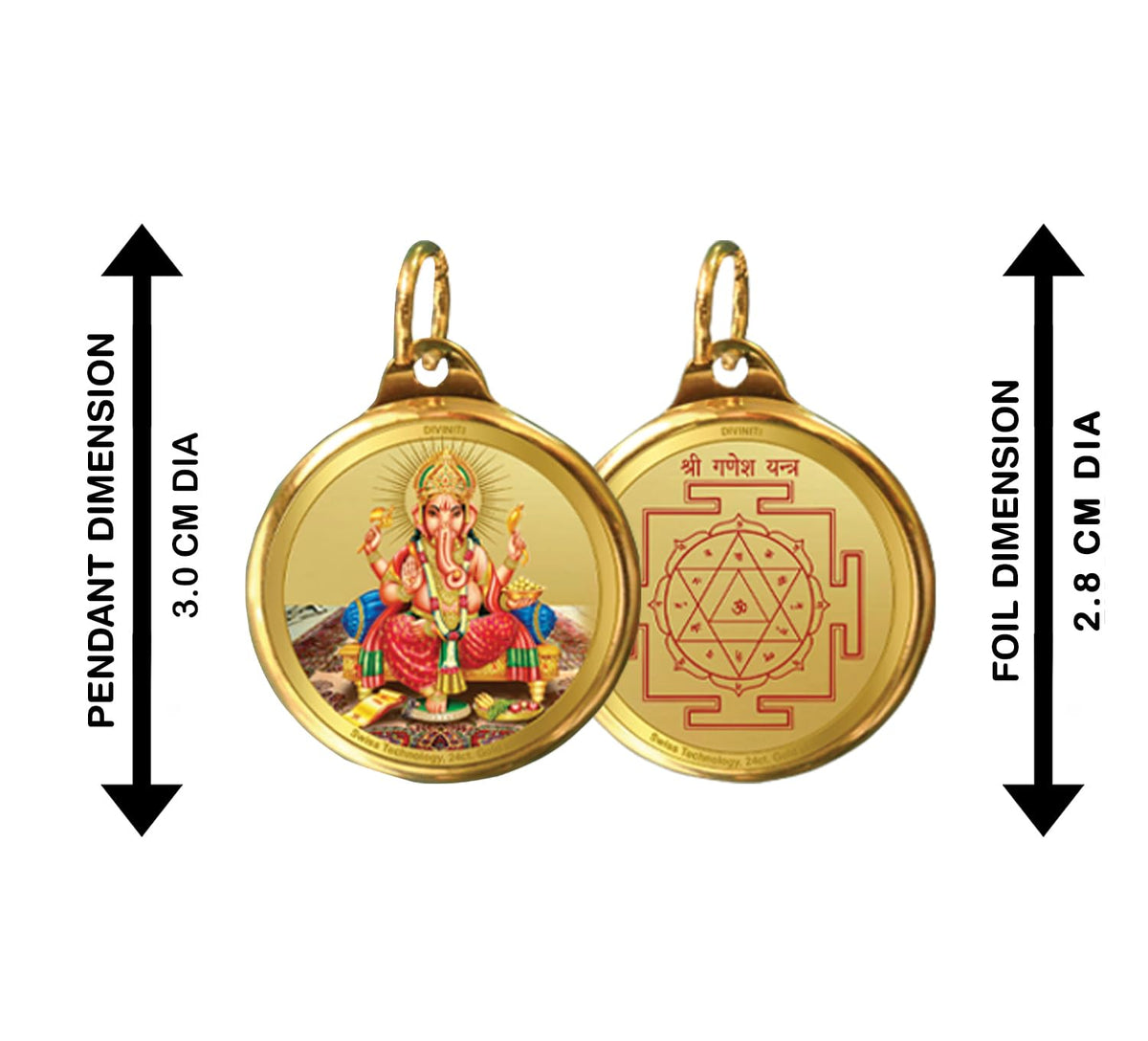 DIVINITI 24K Gold Plated Lord Ganesha & Yantra Double-Sided Pendant with Premium Gift Box, 28 mm Hindu Religious Locket, Luxury Spiritual Jewellery Gift for Men & Women