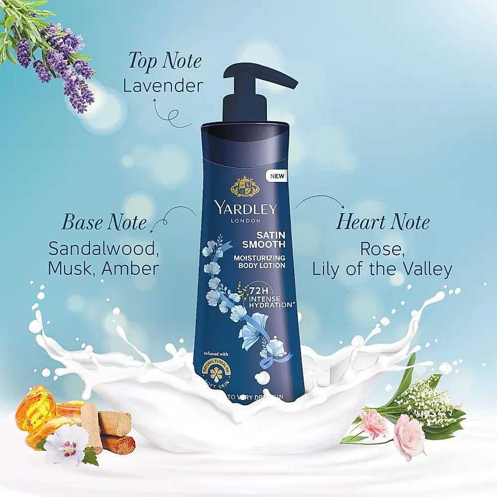 Yardley London Satin Smooth Moisturizing Body Lotion 72H Intense Hydration Infused With Natural Floral Oil Soft Skin Dry To Very Dry Skin 400ml