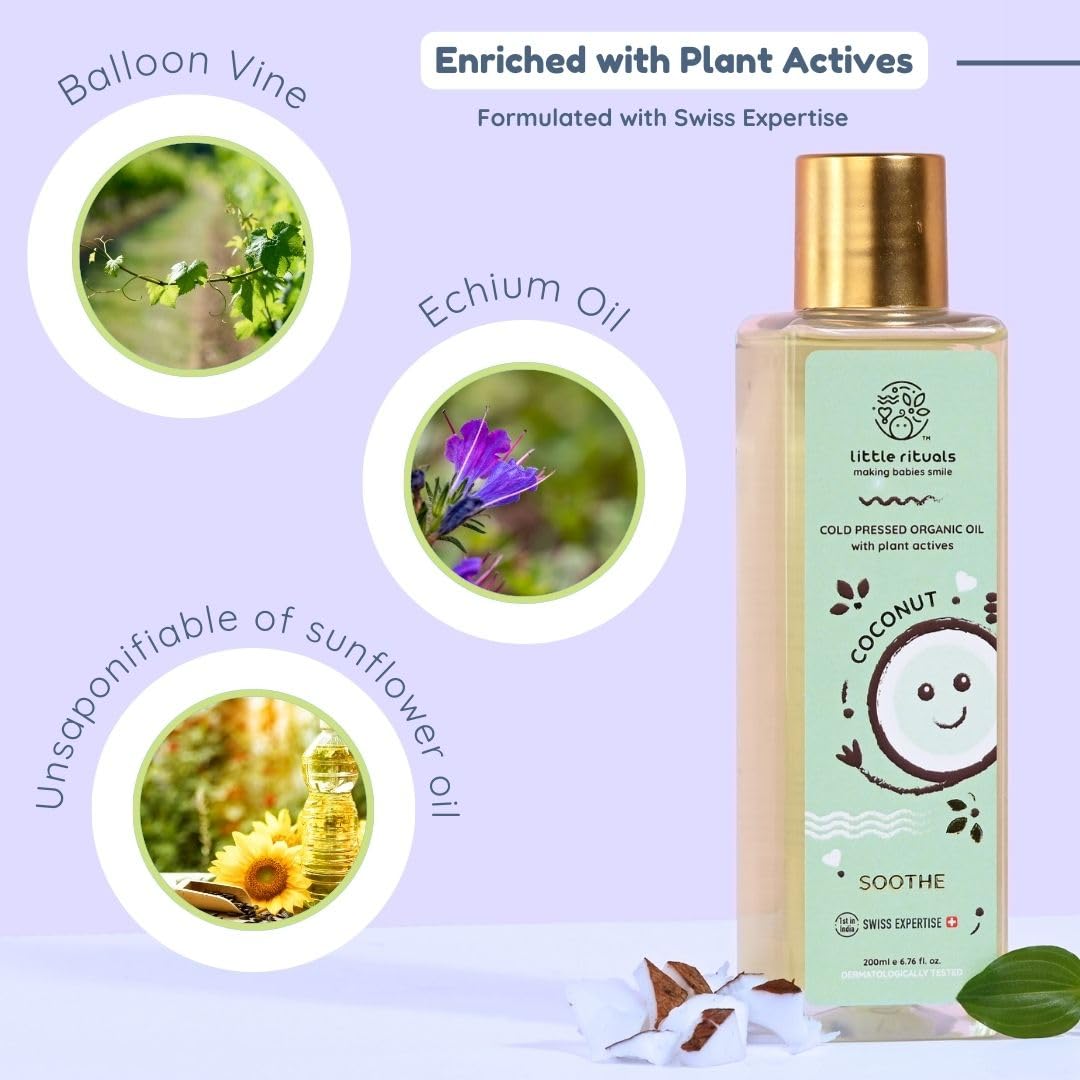 Little Rituals COCONUT BABY MASSAGE OIL Certified Organic, Wood Cold-Pressed for Skin and Hair with SWISS Plant Actives - 200 ml. Dermatologist Tested by Pediatrics, Mild & Gentle & Safe