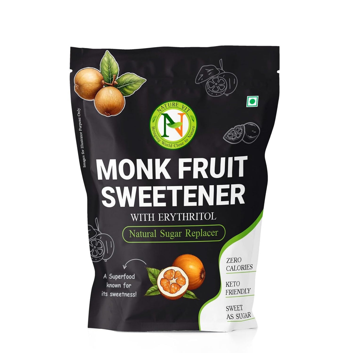 NatureVit Monk Fruit Sweetener Powder, 200g | Zero Calorie 1:1 Sugar Substitute with Erythritol | Natural Sweetener I MonkFruit Sugar Extract For Cooking & Baking