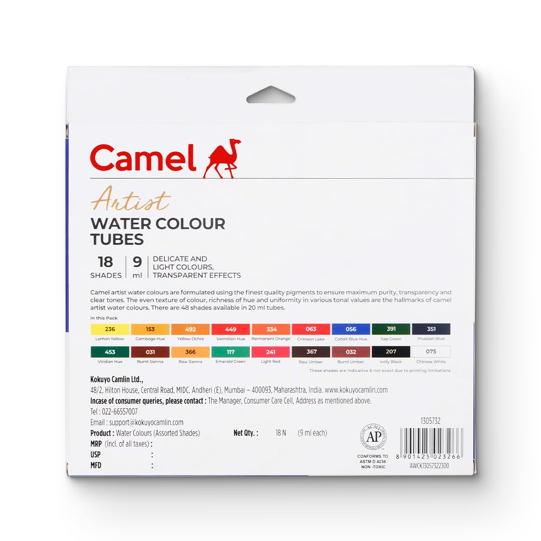 Camel Artist's Water Color Box - 9ml Tubes, 18 Shades