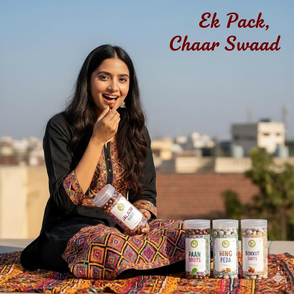 NatureVit Shots Combo Pack 800g (4 x 200g) | Borkut Shot, Paan Shot, Hing Peda & Jaljeera Shot | Tangy Digestive Mouth Freshener | Sweet & Spicy After Meal Treat