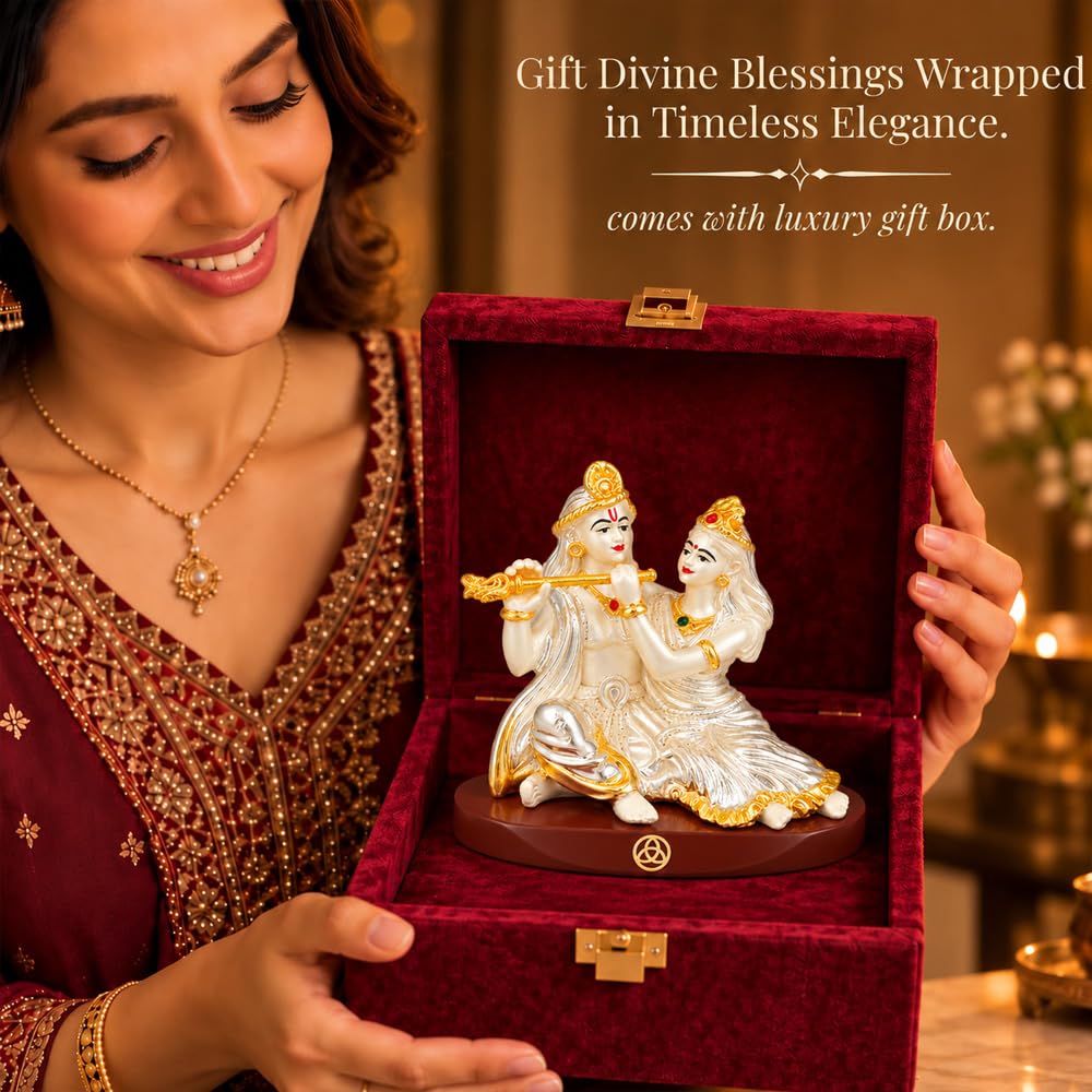 DIVINITI Premium Radha Krishna Idol with Silver-Tone Finish & Gold Accents | Decorative Radha Krishna Showpiece with Base & Premium Gift Box | Home, Office, Mandir & Gifting | 6 x 9 cm
