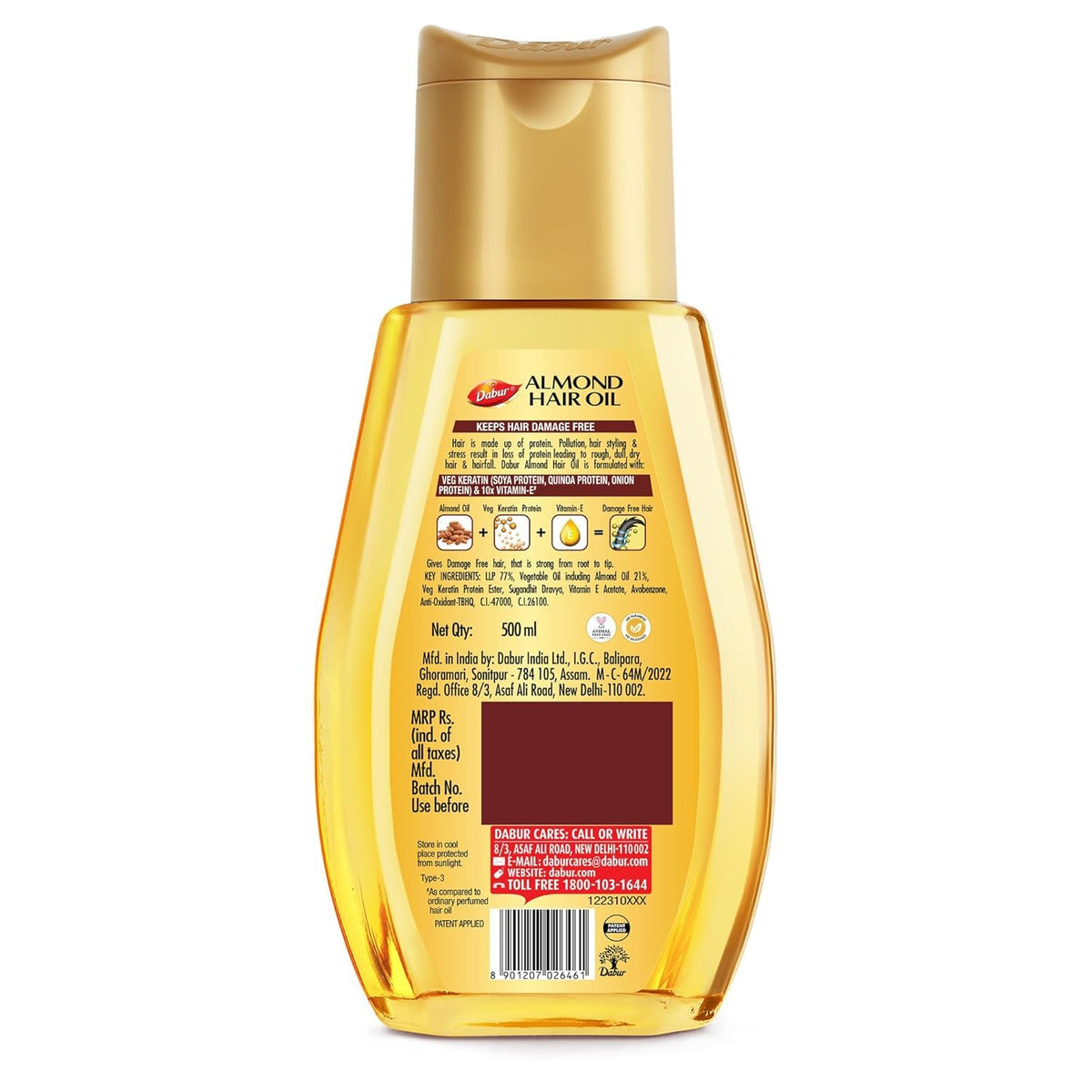 Dabur Almond Hair Oil - 500ml | Provides Damage Protection | Non Sticky Formula | For Soft & Shiny Hair | With Almonds, Keratin Protein, Soya Protein & 10X Vitamin E (Pack of 2)