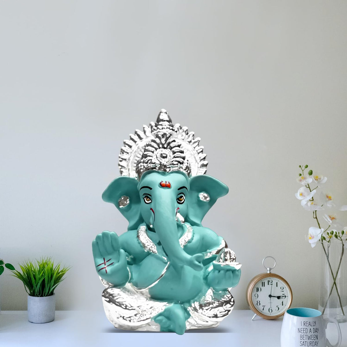 DIVINITI 999 Silver Plated Ganesha Idol for Home Decor Puja |Ganesh Idol for Home Decor Ganpati for Gift 3.5 inches |Ganesh Statue Gift for Office Desk Puja Room Figurine (8.89 x 5.08 cm) (Blue)
