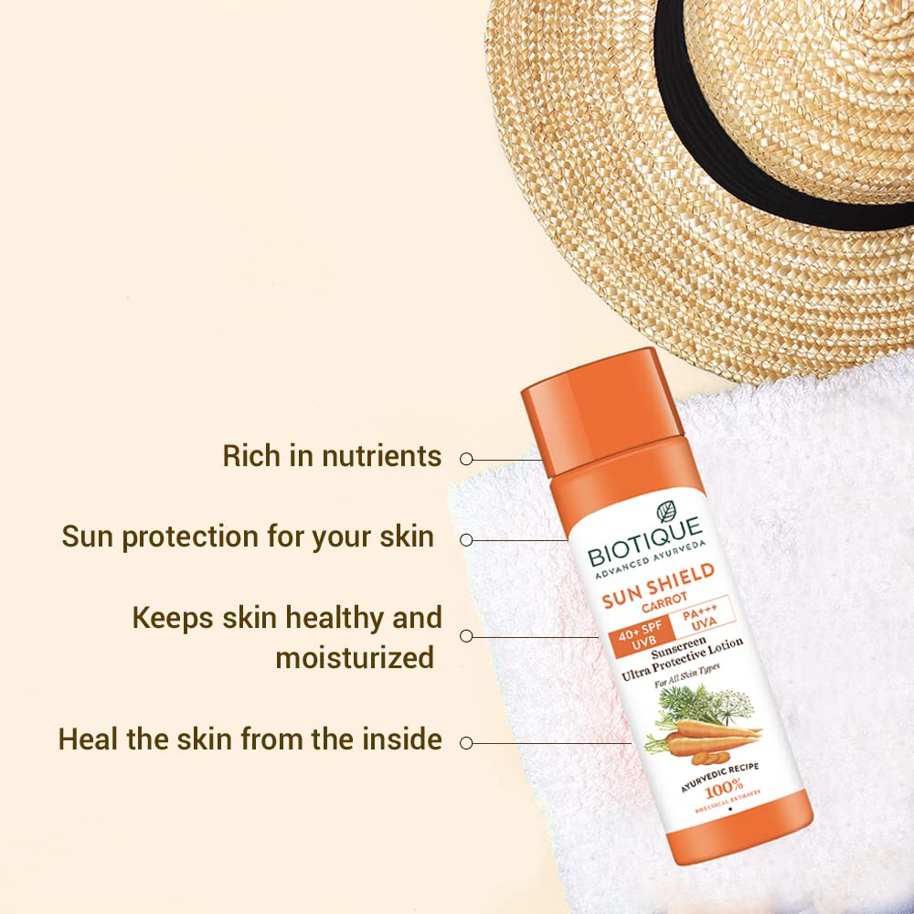 Biotique Bio Carrot Face & Body Sun Lotion | SPF 40 UVA/UVB Sunscreen | Prevents Ageing and Soothes Dry Skin| 100% Botanical Extracts | Suitable for All Skin Types | 190ml