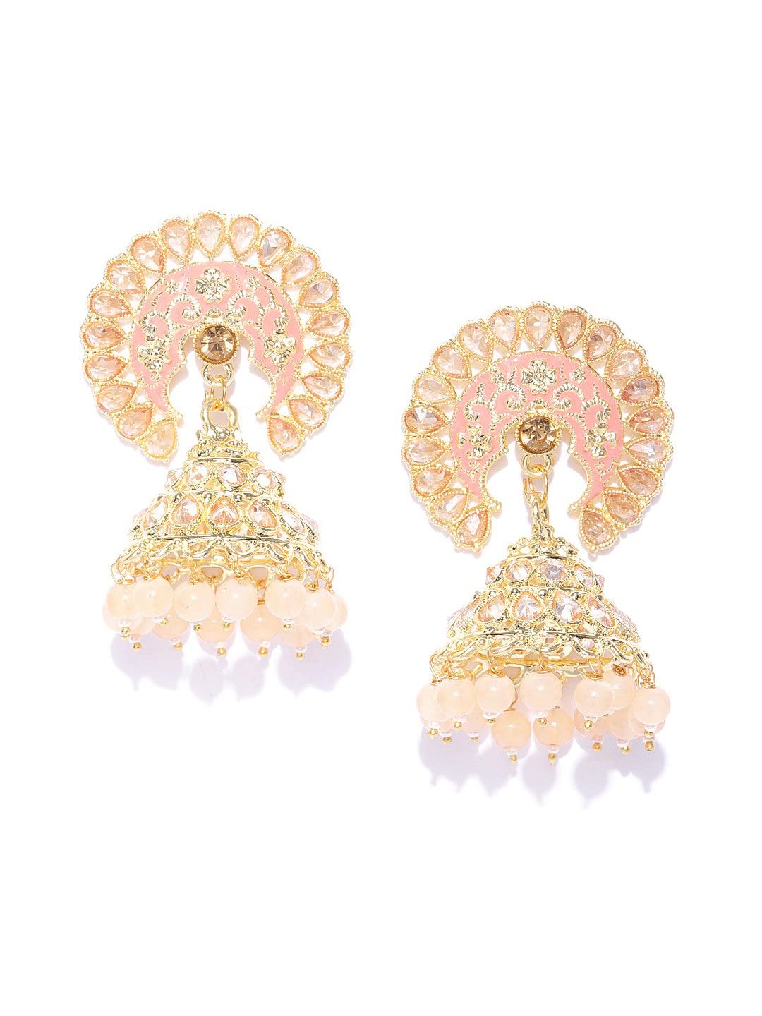 Priyaasi Gold-Plated Stones Studded Jhumka Earrings in Pink Color with Beads Drop, One Size (EAR-PR-50133)
