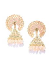 Priyaasi Gold-Plated Stones Studded Jhumka Earrings in Pink Color with Beads Drop, One Size (EAR-PR-50133)