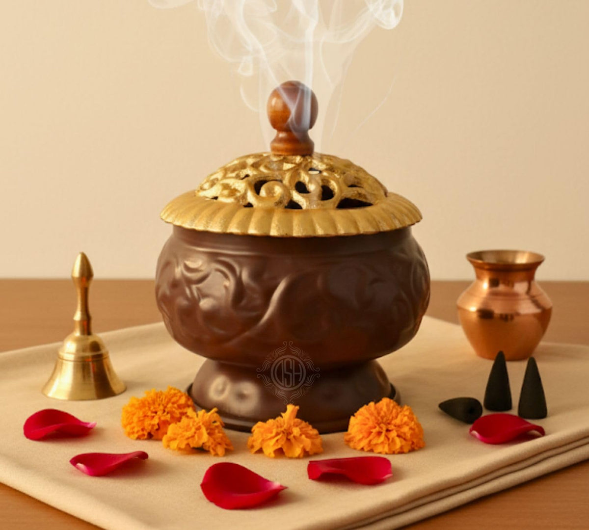 DSH Incense Burner Home Purifying Loban Dhoop Dani Dhuni for Home and Office Kapoor Dani for Puja Sambrani Dhoop Holder. (Svardhuni Gold)