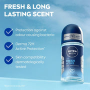 NIVEA MEN Fresh Active 50ml Deo Underarm Roll On | With Fresh Ocean Extracts Scent| 72 H Freshness| 0% Alcohol | Dermatologically Approved & Paraben Free Formula