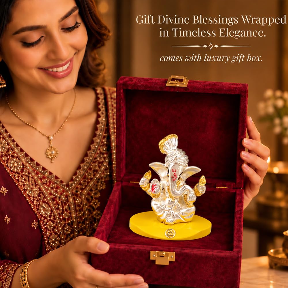 DIVINITI Pagdi Ganesha Idol with Silver-Tone Finish & Gold Accents | Lord Ganesh Showpiece with Yellow Display Base & Premium Gift Box | Home, Office, Car Dashboard & Gifting | 7 x 7 cm