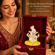 DIVINITI Pagdi Ganesha Idol with Silver-Tone Finish & Gold Accents | Lord Ganesh Showpiece with Yellow Display Base & Premium Gift Box | Home, Office, Car Dashboard & Gifting | 7 x 7 cm
