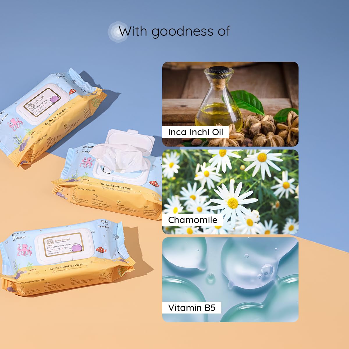 Little Rituals Rash-Free Baby Wipes | 99% Pure Water | 4x Thicker, Plant-Based Cloth, pH 5.5 | Enriched with Chamomile, Sacha Inchi Oil & Pro Vitamin B | Gentle, Moisturizing & Soothing | Dermatologically Tested | 72 Wipes/Pack (Pack of 3)