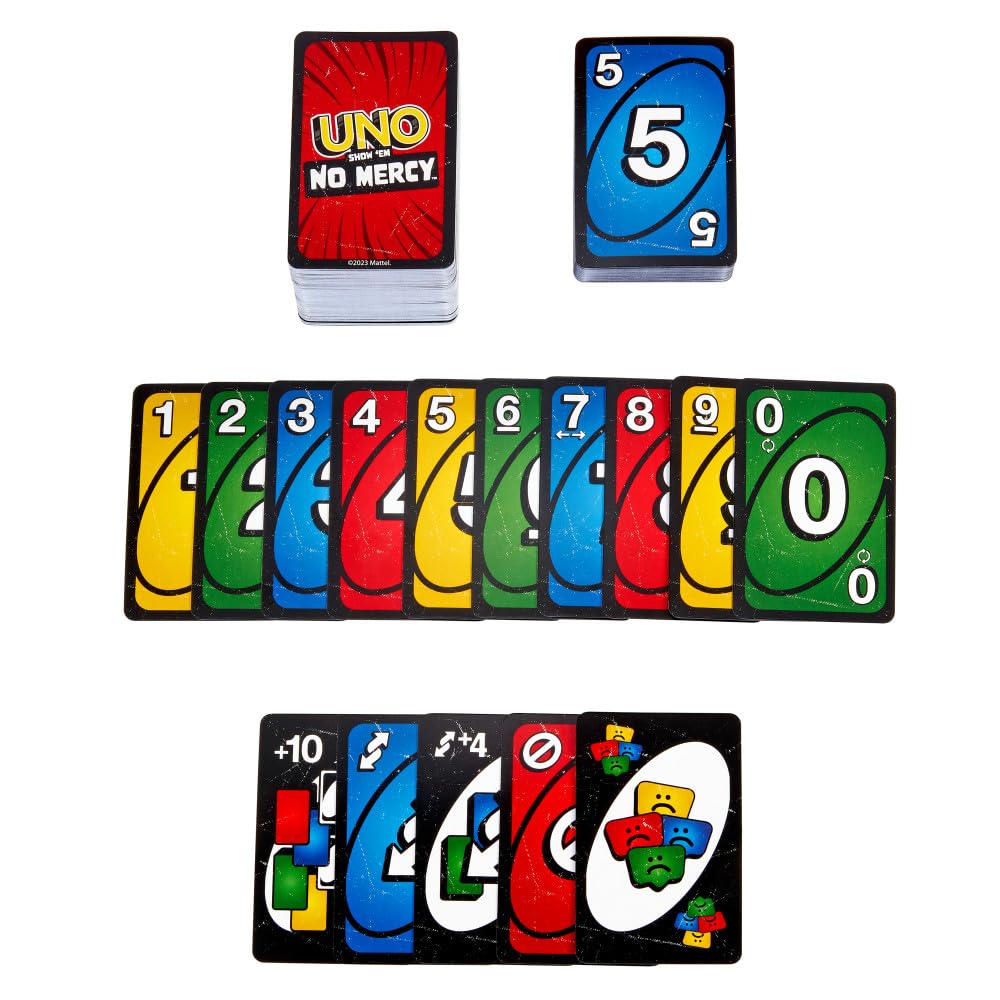 Mattel Games UNO Show ‘em No Mercy Card Game for Kids, Adults & Family Parties and Travel with Extra Cards, Special Rules and Tougher Penalties.