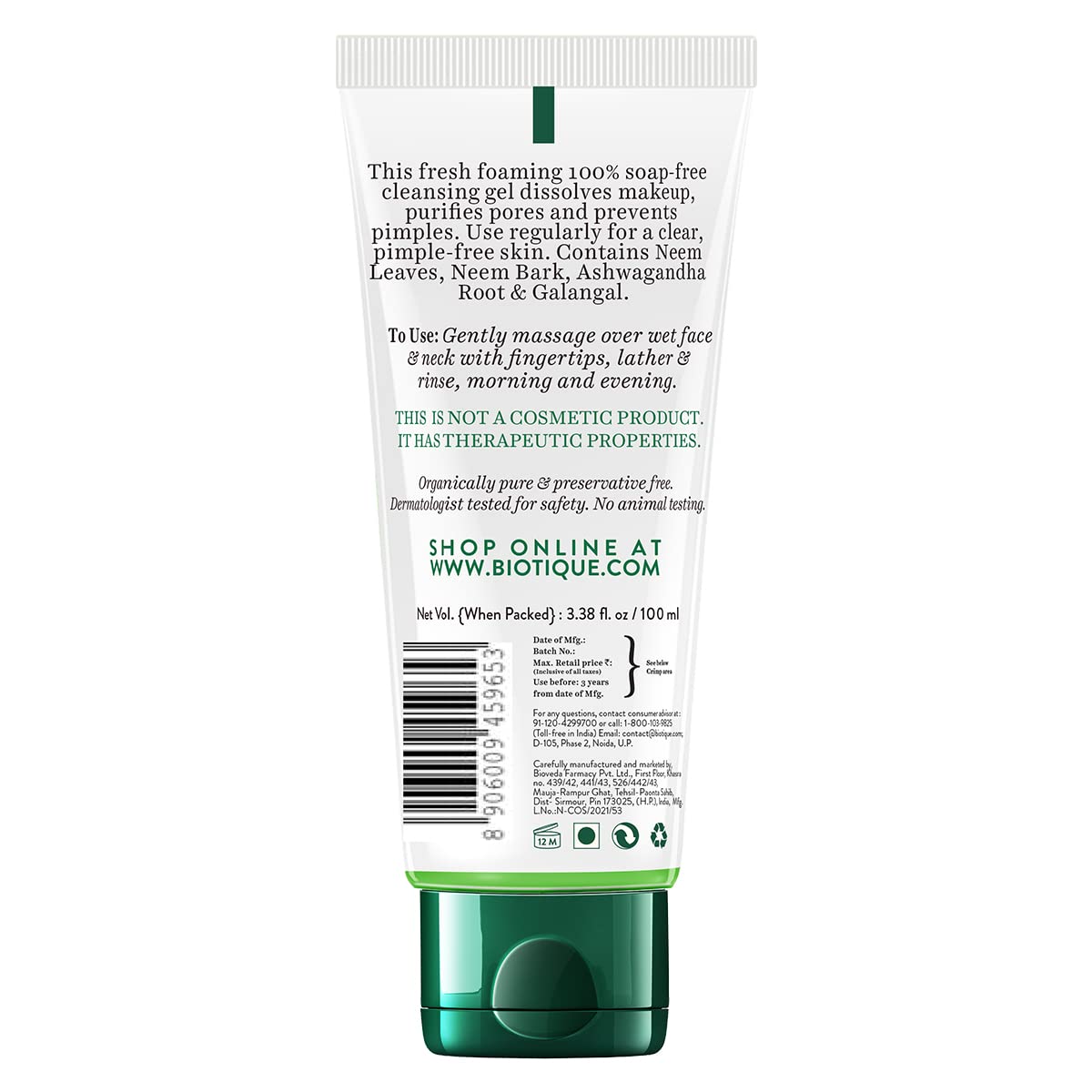 Biotique Fresh Neem Pimple Control Face Wash Prevents Pimples For All Skin Types, 100ml