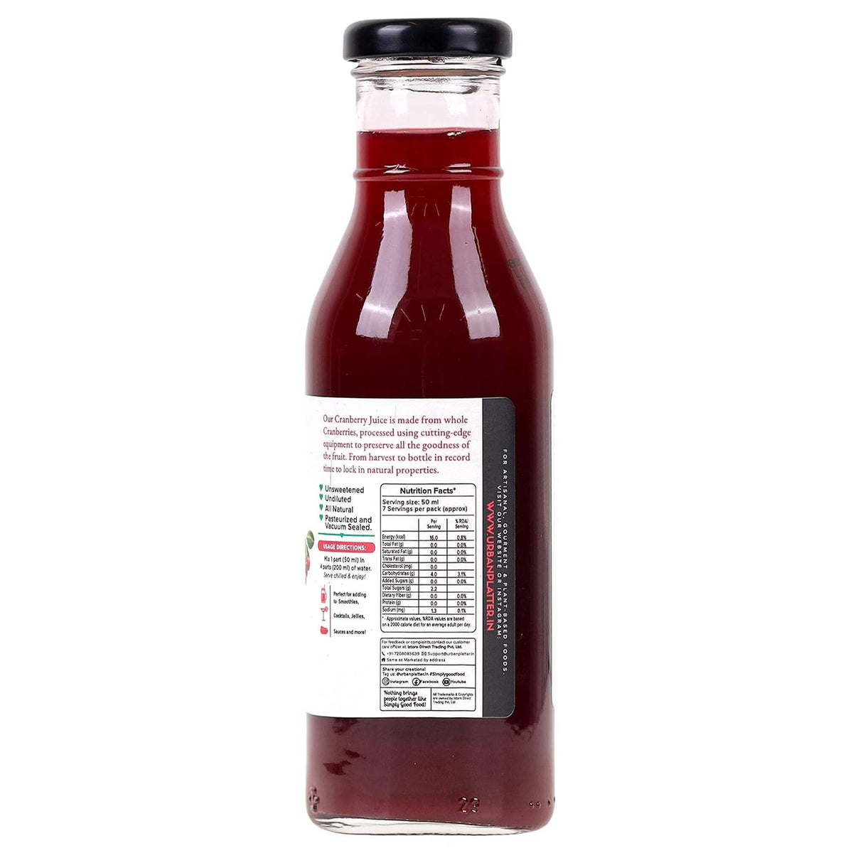 Urban Platter 100% Canadian Cranberry Juice, 350ml (Glass Bottle, No Added Sugar & Preservative-Free, Antioxidant-Rich, Supports UTI Health, Ideal for Cocktails & Mocktails)