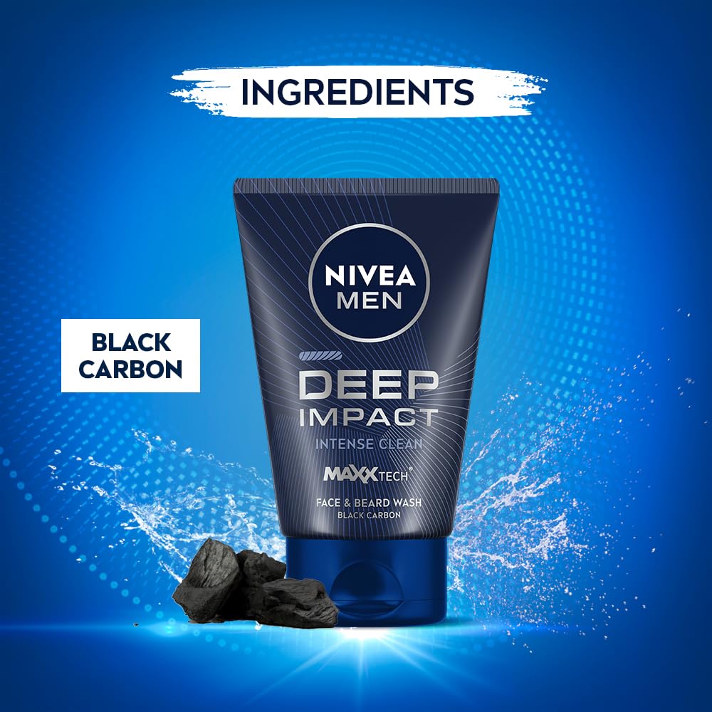NIVEA MEN Deep Impact Face Wash 100g | With Black Carbon | Intense Clean, For Beard & Face | Removes Oil and Impurities