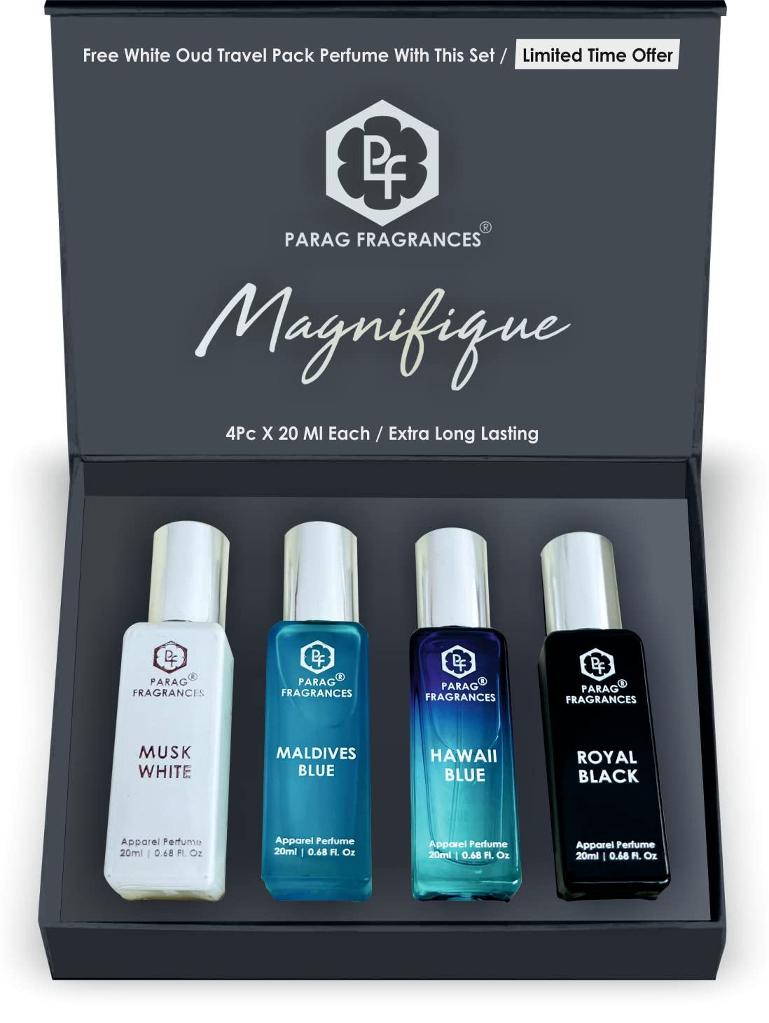 Parag fragrances Unisex Magnifique Liquid Perfume Gift Set/Long Lasting Perfumes For Men & Women/Set Of 4 Pc Of 20Ml Each/Total 80Ml (Musk White, Maldives Blue, Hawai Blue, Black Royal)