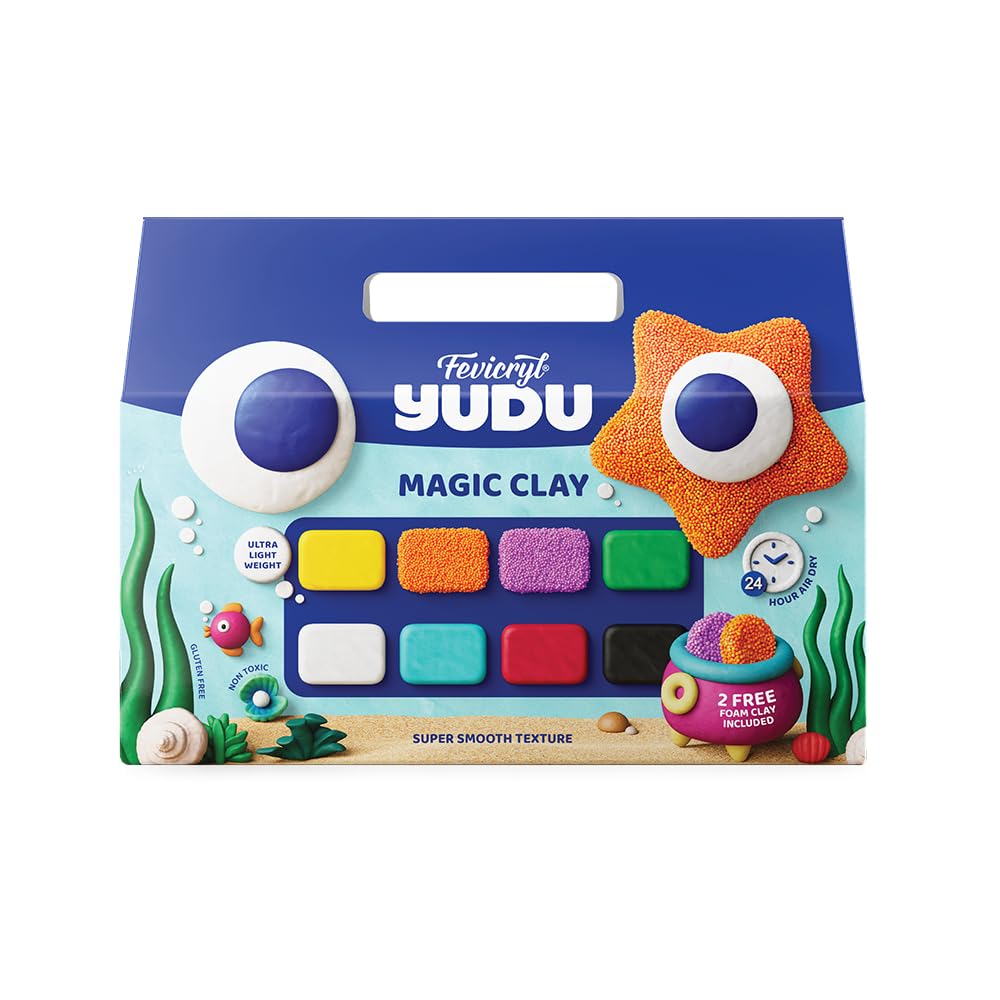 Fevicryl Magic Clay 160g (8x20g) | Air Dry Clay for Kids | Super Light, Non-Sticky Dough | 6 Colours + 2 Foam Clay | 2 Free Tools | Safe & Non-Toxic | Ideal Gift