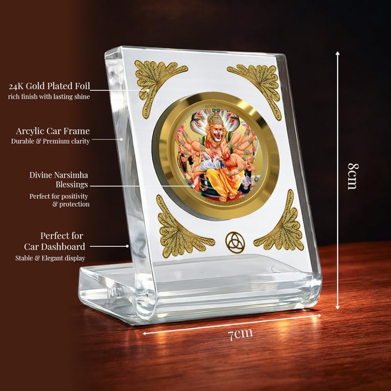 DIVINITI 24K Gold Plated Lord Narasimha Acrylic Frame for Car Dashboard, Home Temple & Office Table | Premium Spiritual Gift, Blessings for Protection & Positivity, 8x7 cm Decorative Showpiece