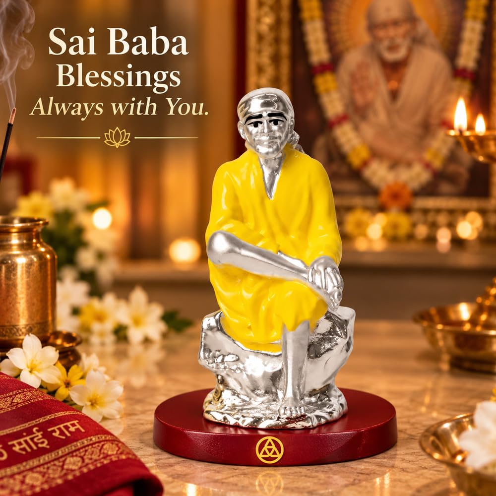 DIVINITI 999 Silver-Plated Sai Baba Idol | Shirdi Sai Murti for Home, Office & Pooja Mandir | Diwali, Housewarming & Spiritual Gift with Premium Gift Box | 9 x 6.5 CM