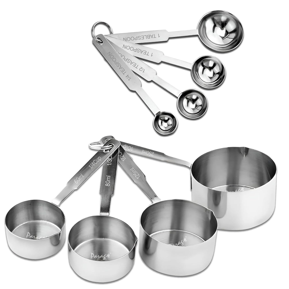 Parage Stainless Steel Measuring Cups & Spoon Combo for Dry or Liquid/Kitchen Gadgets/Cooking & Baking/Stackable Professional Measuring Cup Set with Measurement Handles (Set of 4 Cups & 4 Spoons)