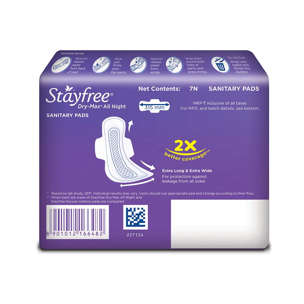 Stayfree Secure XL Cottony Sanitary Napkins with Wings for women, Extra Large (30 Count) with Stayfree Dry Max All Night XL Sanitary Napkins 7 Count