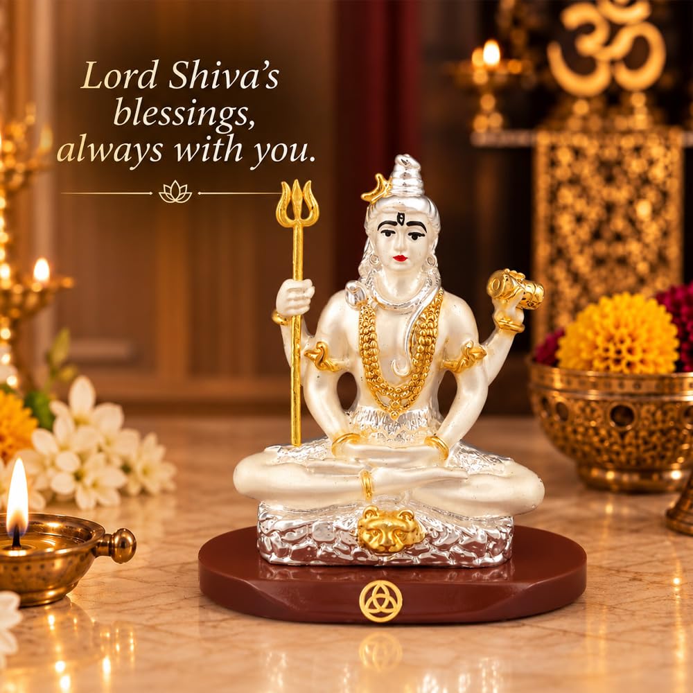 DIVINITI Premium Dual Tone Lord Shiva Idol with Silver-Tone Finish & Gold Accents | Mahadev Shiv Ji Showpiece with Decorative Base & Premium Gift Box | Home, Mandir, Office & Gifting | 8 x 7 cm