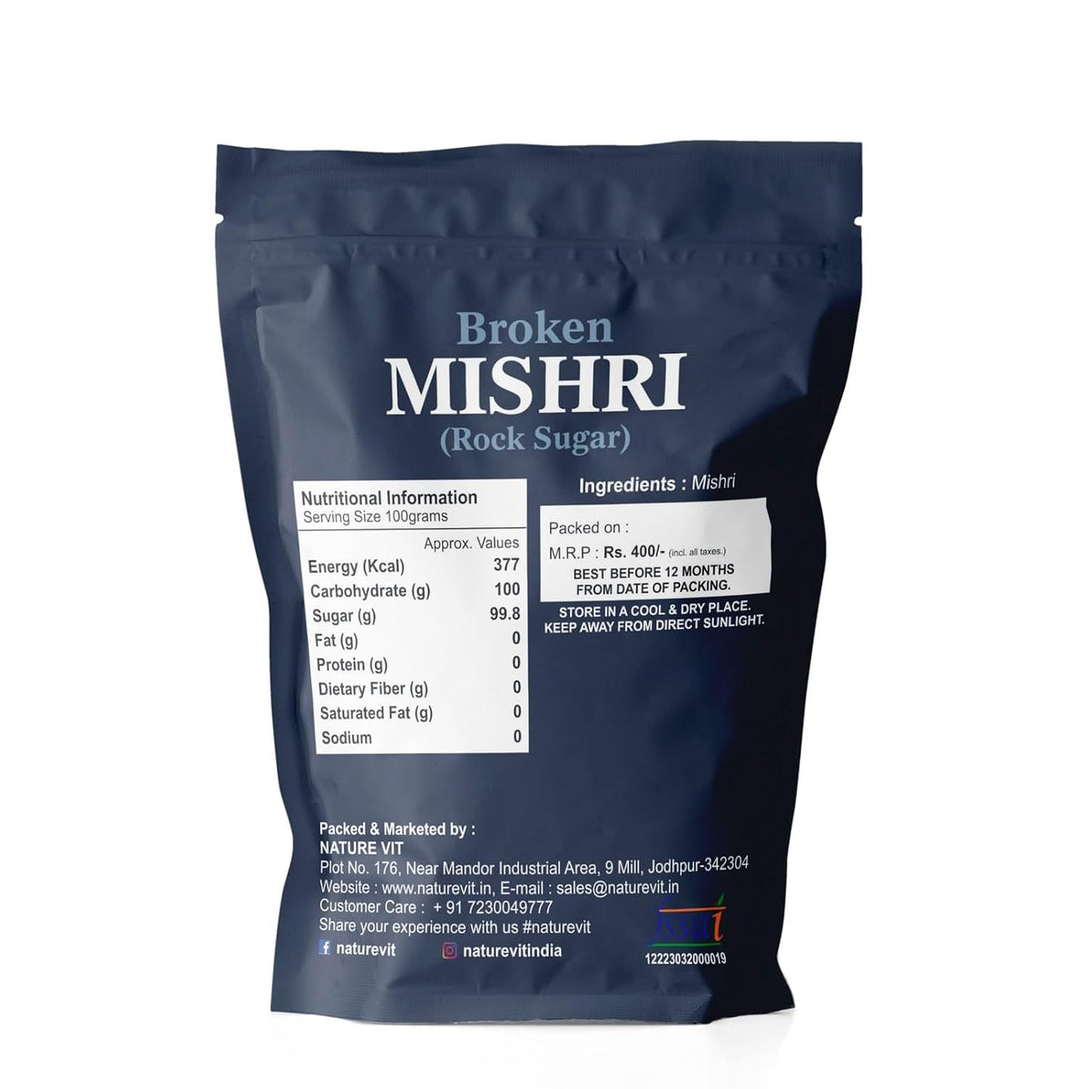 NatureVit Broken Mishri 400 Gram | Rock Sugar Crystals | Pure & Natural Mishri Tukda | No Thread | Ideal for Prasad, Digestion & Sweet Cravings