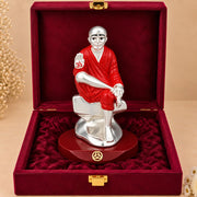 DIVINITI Premium Sai Baba Idol with Silver-Tone Finish & Red Accents | Shirdi Sai Baba Showpiece with Blessing Hand, Decorative Base & Premium Gift Box | Home, Mandir, Office & Gifting | 9 x 6.5 cm