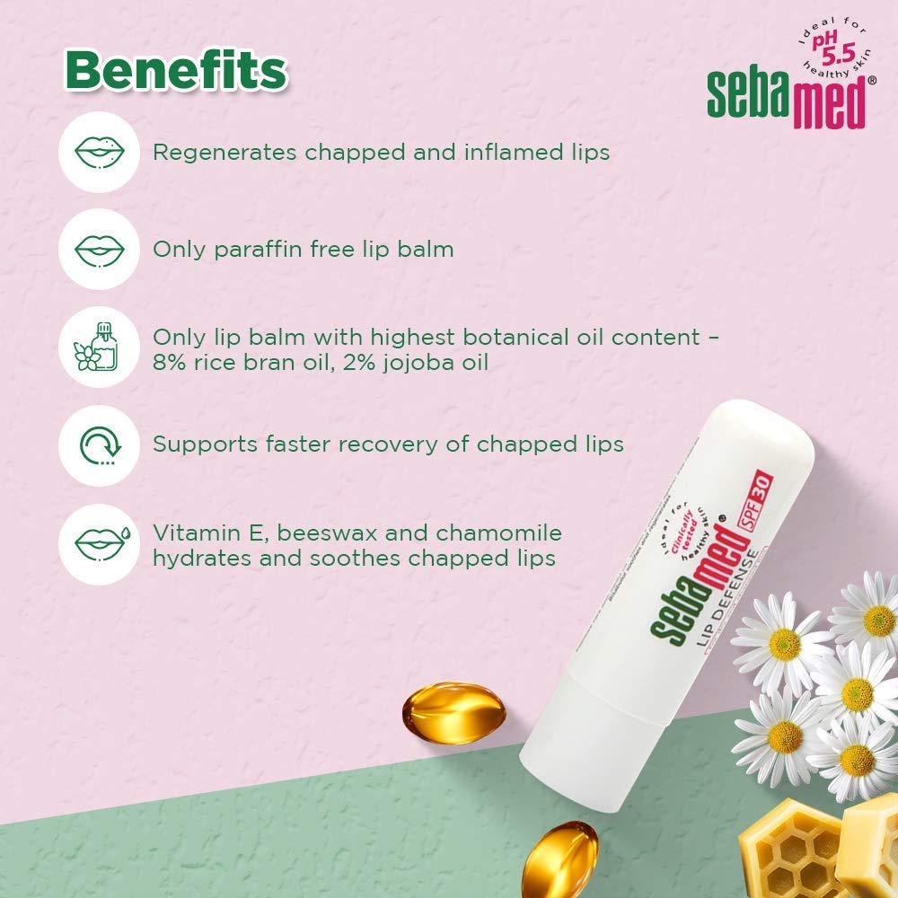 SebaMed Lip Defense Lip Balm With Spf 30 + Vit E | Regenerates Dry, Chapped Lips | Intensive Care With Vit E, Jojoba Oil & Chamomile | Clinically Tested | 4.8 Gm, White | Pack of 3