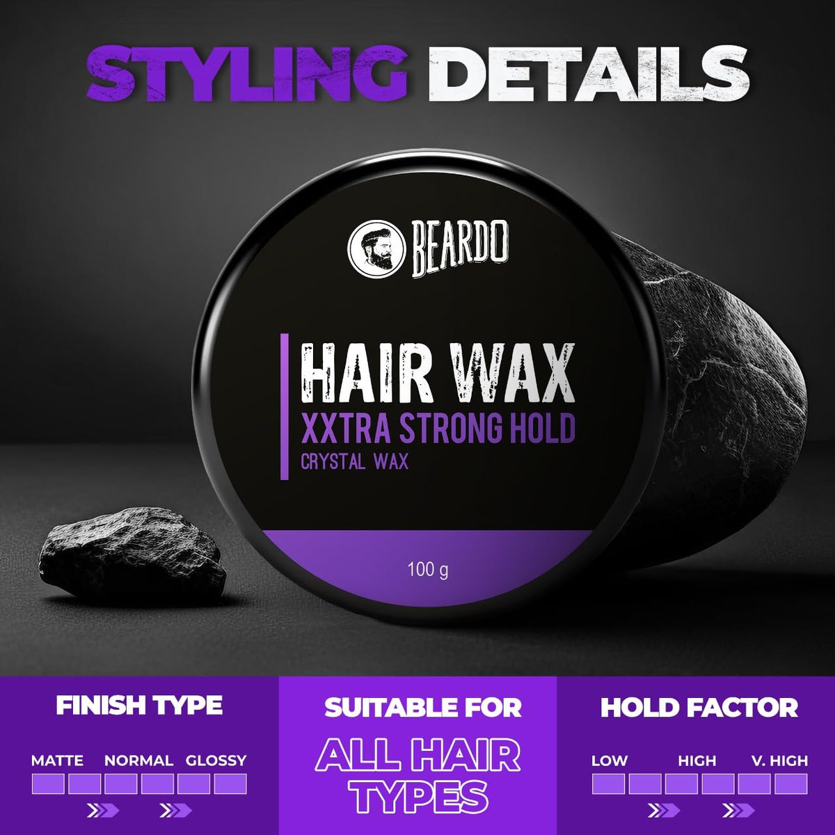 Beardo Xxtra Stronghold Hair Wax, 100 gm (Pack of 2) | Crystal Hair Wax for Men | Styling Wax for Glossy Finish & Shine | Strong Hold