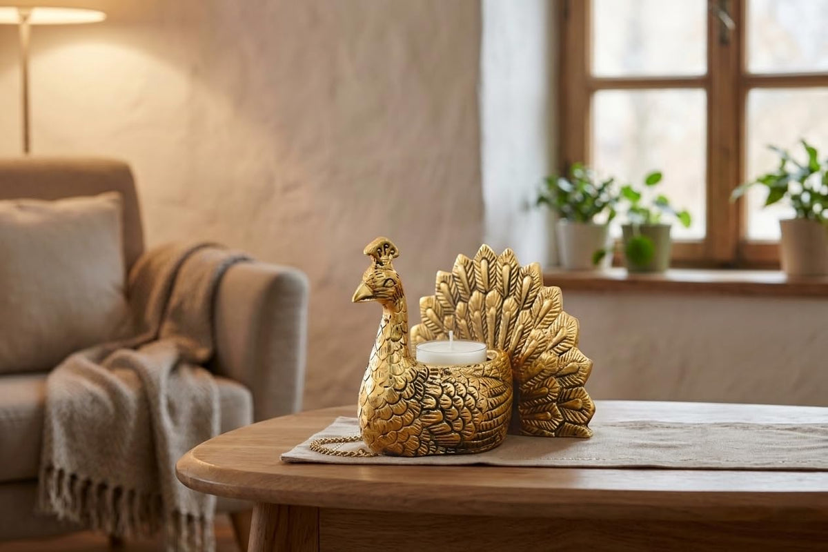 KridayKraft Designed with a Versatile Central Cavity, This Peacock Serves as a Stunning tealight Candle Holder, a mini Indoor Planter, a Unique Pen Stand,(Peacock Small Golden)
