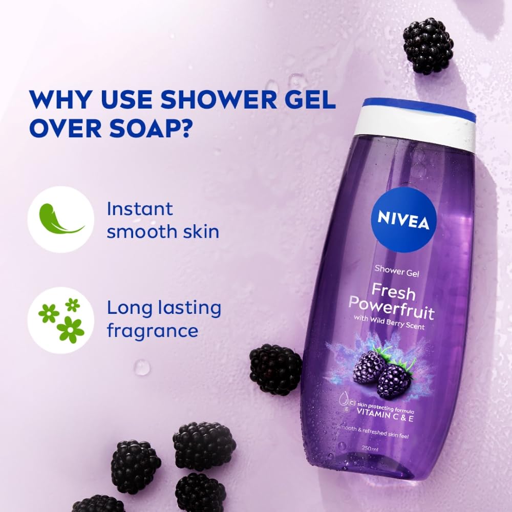 NIVEA Fresh Power Fruit 250ml Body Wash| Shower Gel with Real Fruit Extracts| Pure Glycerin for Instant Soft & Summer Fresh Skin|Microplastic Free |Clean, Healthy & Moisturized Skin
