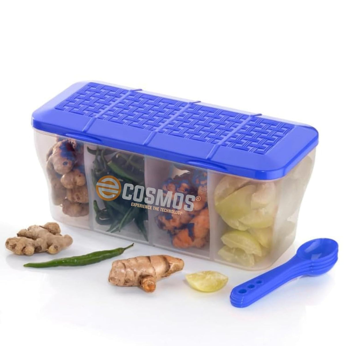E-COSMOS 4-Section Airtight Plastic Container Box with 4 Spoons, 1800 ml (Blue) – Multipurpose 4-in-1 Grocery, Spice & Dry Fruit Storage Box for Kitchen